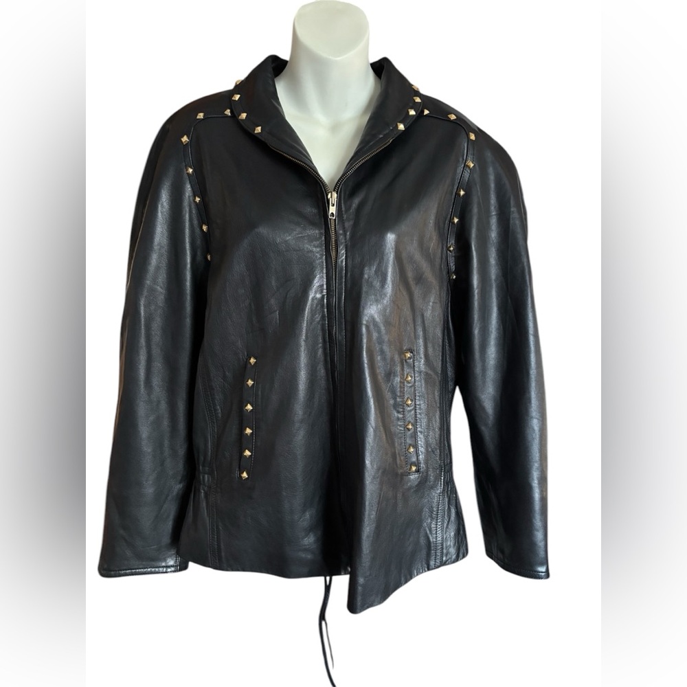 Black Vintage Studded Lambskin Leather Jacket.